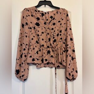 Sienna Sky Blush Pink Floral Wrap Peplum Blouse with Black Print